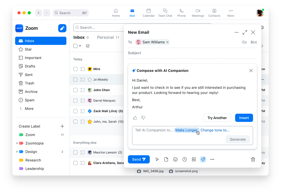Compose emails with Zoom AI Companion