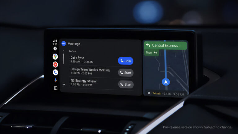 A screen in a car dashboard with the Zoom for Android Auto user interface