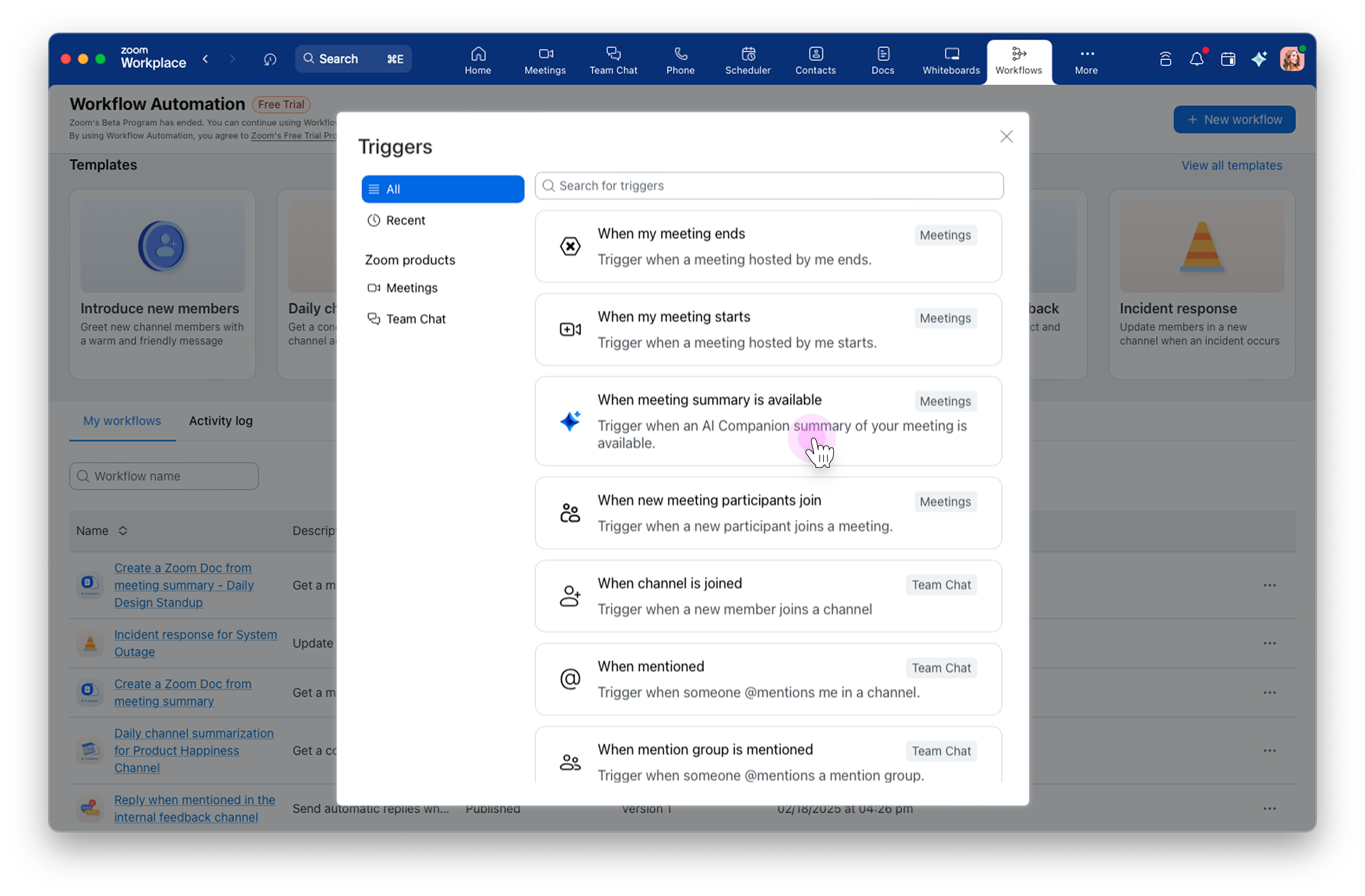 Zoom Workflow Automation AI Companion trigger