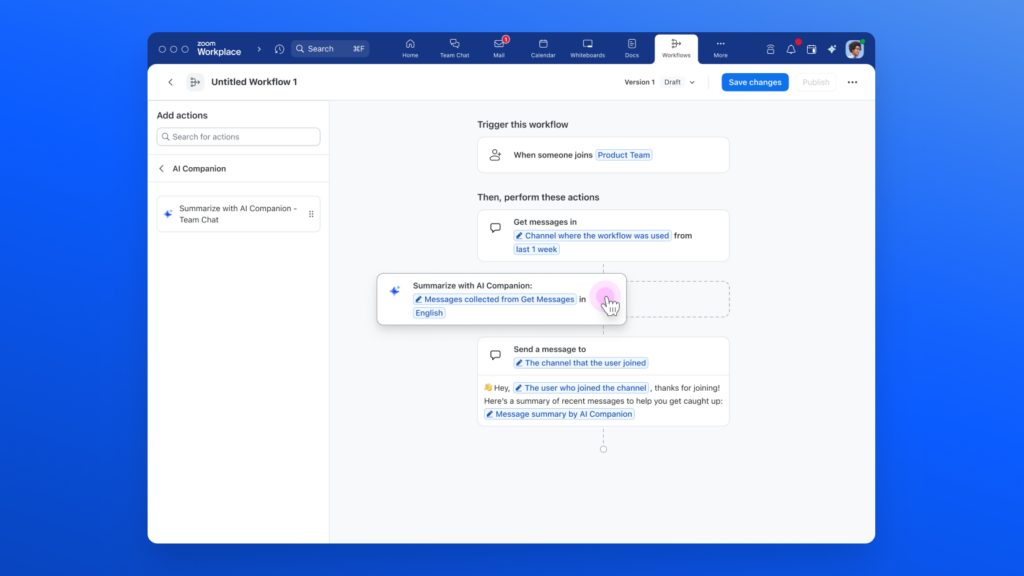 Zoom Workflow Automation screenshot on a blue background